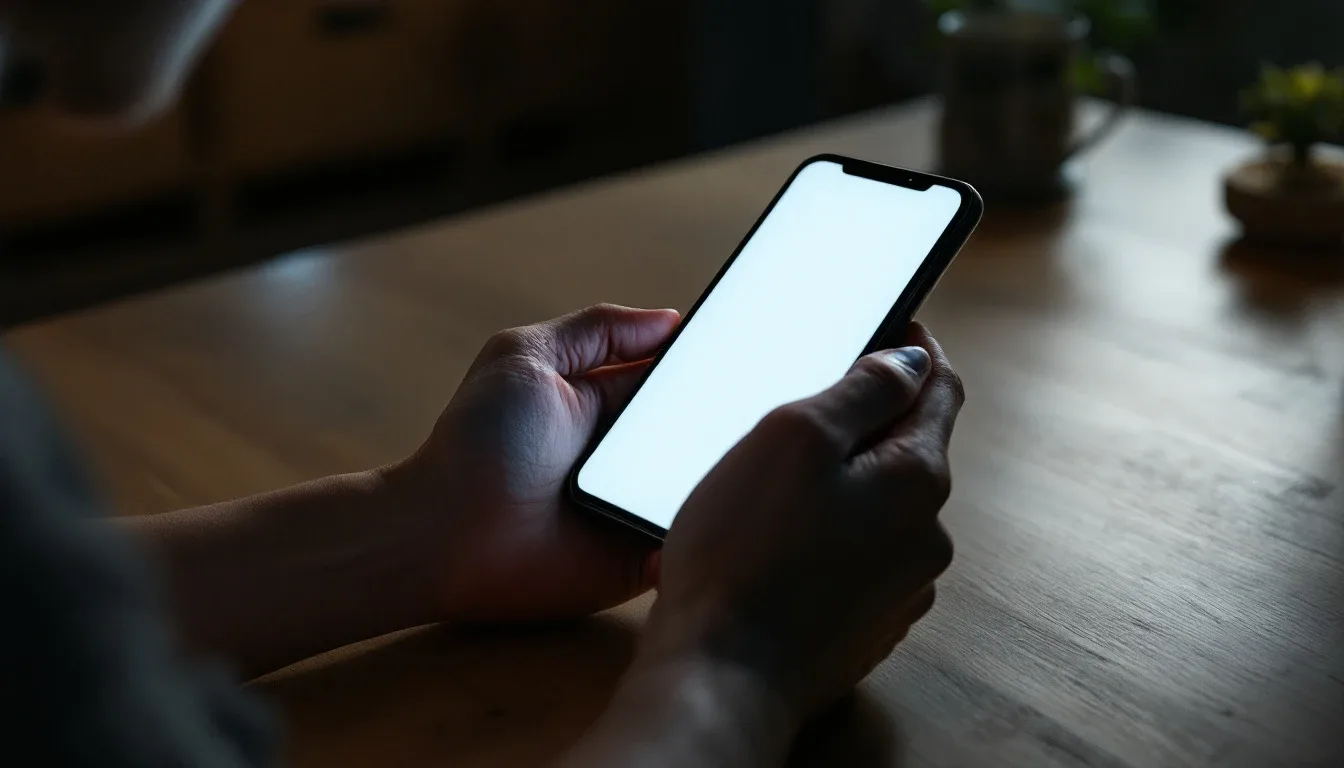 Hands holding a smartphone at a kitchen table in low evening light