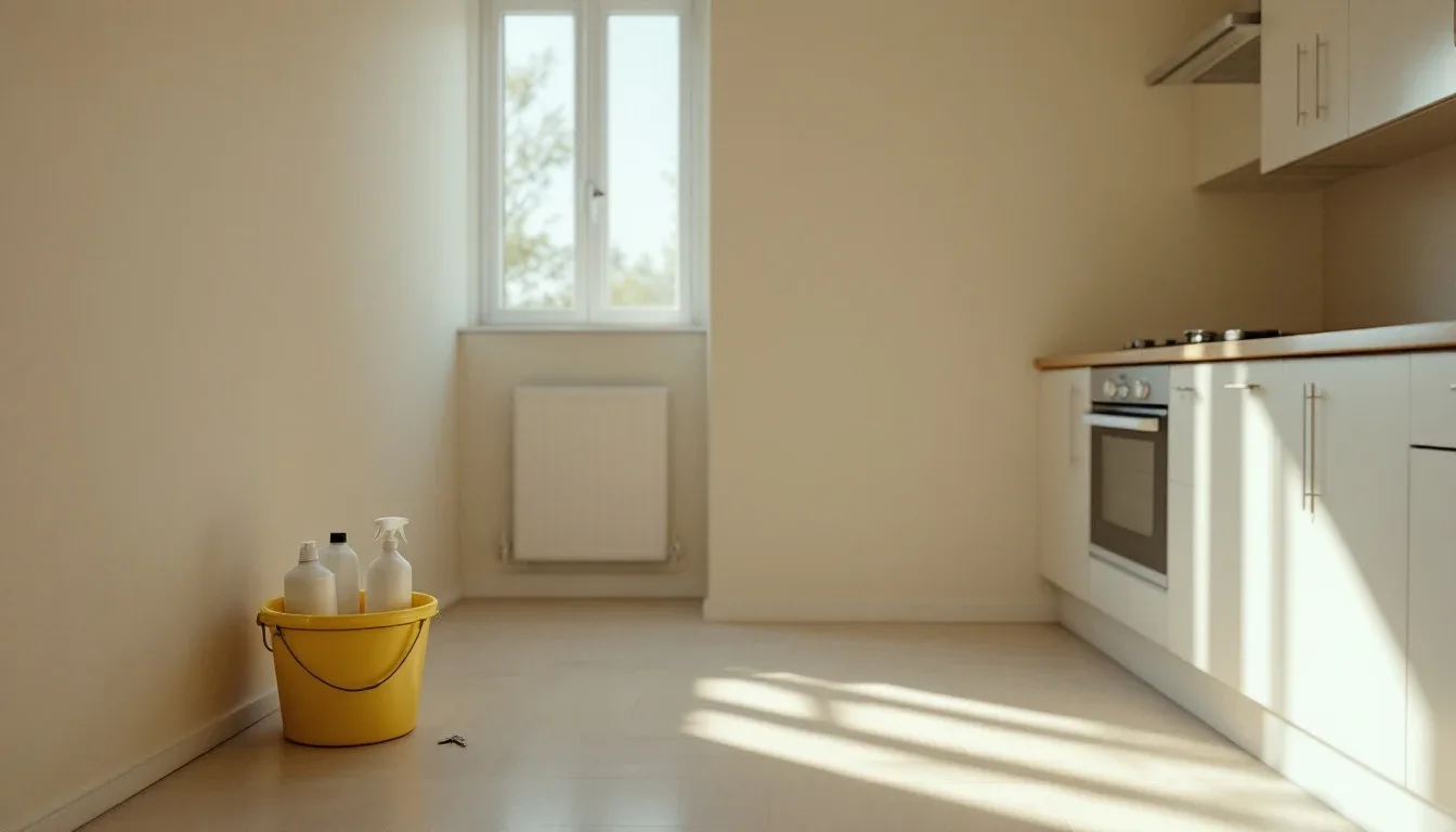 Empty flat kitchen with a bucket of cleaning products and keys left on the floor by the wall