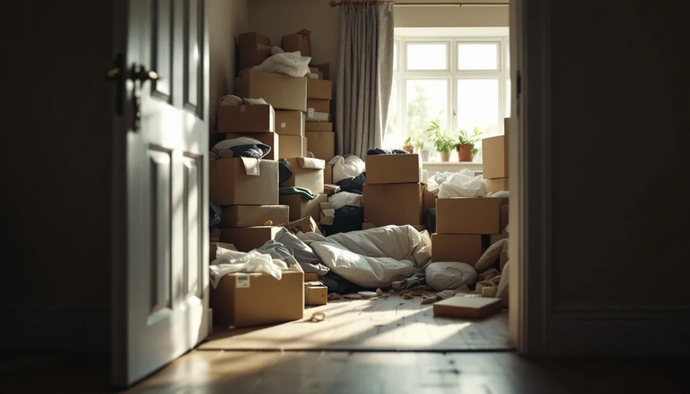 View through a doorway into a living room stacked with boxes, clothes and belongings