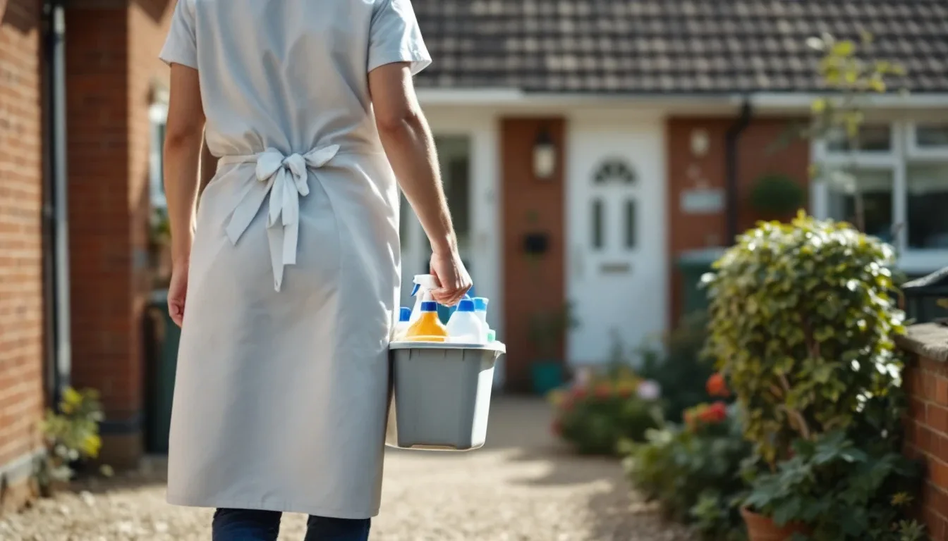 Cleaner in a work apron carrying a caddy of supplies up the path to a house front door